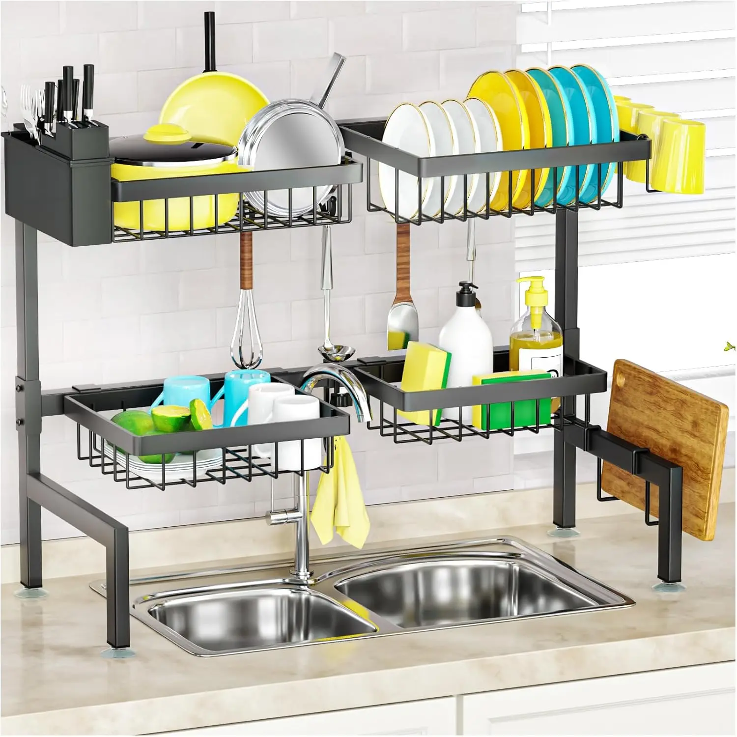 2-Tier Expandable Over The Sink Dish Drying Rack, 26.57"-35" Adjustable Kitchen Sink Organizer with 4 Storage Baskets, Space Saving Dish Rack for Kitchen Counter