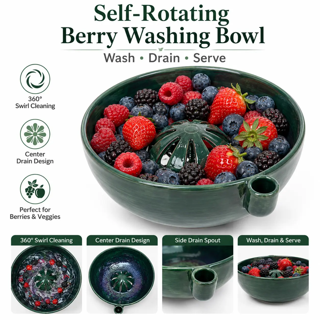 3D Printed Style Self-Spinning Berry Washer Bowl, 360° Fruit Cleaning Spinner with Drain Hole, Quick-Rinse Colander for Berries, Grapes, Veggies & Summer Kitchen Prep