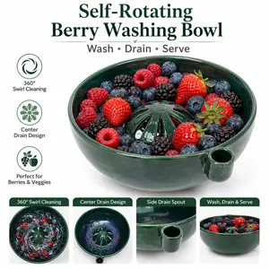 3D Printed Style Self-Spinning Berry Washer Bowl, 360° Fruit Cleaning Spinner with Drain Hole, Quick-Rinse Colander for Berries, Grapes, Veggies & Summer Kitchen Prep