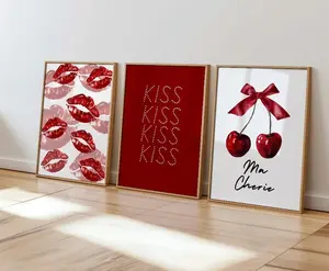 Modern Wall Art Set of 3, Red Lips Print, Kiss Typography Poster