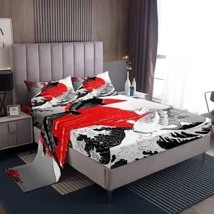 Mount Fuji Sheet Sets,Japanese Style Koi Fish Bed Sheet,Ukiyo-E Theme Fitted Sheet,Mountain Cherry Blossom Red Sun Ink Painting Top Sheet,Black White