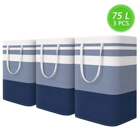 3Pcs 75L Tall Rectangular Collapsible Laundry Baskets - Clothes Storage Basket for Bedroom, Spill-Proof Dry Hamper, Freestanding, Waterproof, High-Capacity Home Supplies, Extended Handles, Space-Saving Fold, Holds Towels, Toys, Everyday Mess