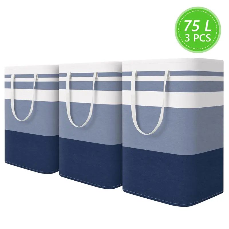 3Pcs 75L Tall Rectangular Collapsible Laundry Baskets - Clothes Storage Basket for Bedroom, Spill-Proof Dry Hamper, Freestanding, Waterproof, High-Capacity Home Supplies, Extended Handles, Space-Saving Fold, Holds Towels, Toys, Everyday Mess