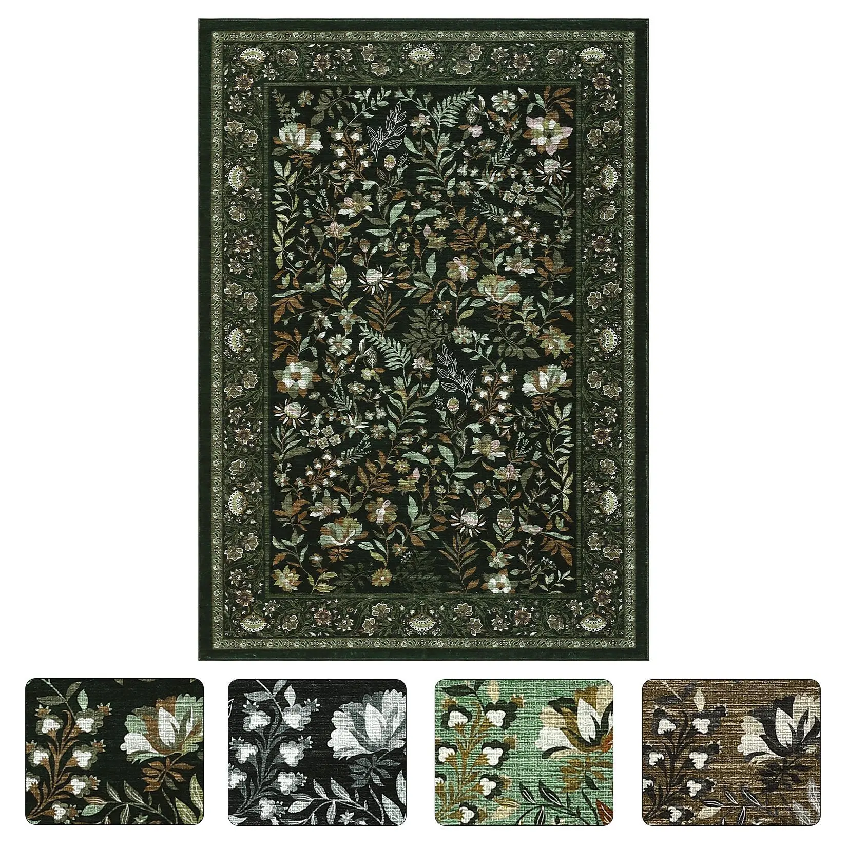 9 x 12 ft Polyester Dark Green Rectangular Hallway Bathroom Entryway Kitchen Office Foldable Flower Printed Modern Washable Area Rug