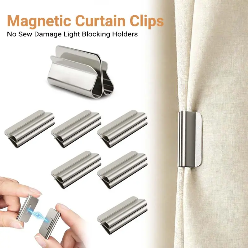 Strong Magnetic Curtain Closure Clips, No Drill Detachable Gap-Free Light Blocking Fasteners, Reusable Metal Curtain Holders for Bedroom Blackout Curtains, Shower & Outdoor Patio Draperies