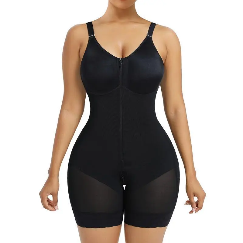 Second Skin Compression Bodysuit Backless Built-in Bra High Waist Full Body Faja with Zipper Crotch & Detachable Straps