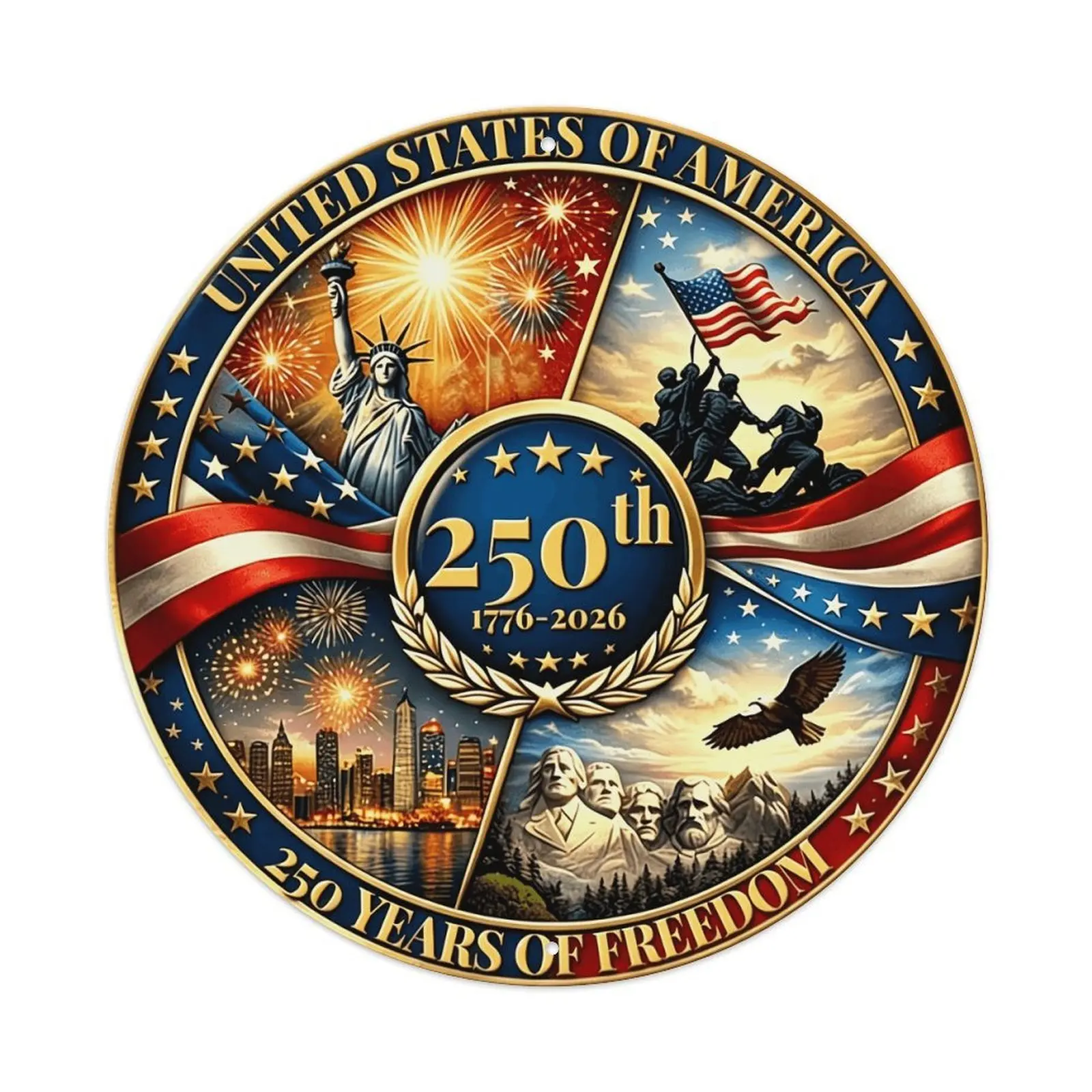 USA 250th Anniversary Round Metal Sign - 1776-2026 Patriotic Aluminum Wall Decor, 8" Vintage American Freedom Plaque Flag Motivational