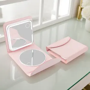 handmirror LED Smart Mini Tri-Fold Mirror with Dual Sided Illuminated View for Travel & Home Use Pink Compact Design