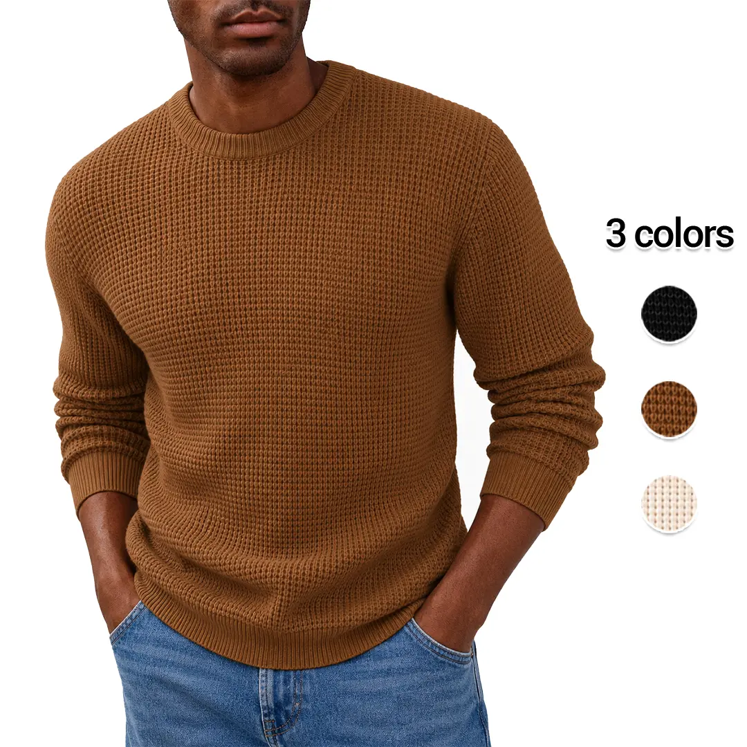 Gihuo Men's Waffle Knit Crewneck Pullover Sweater, Soft Viscose Long Sleeve Textured Casual Sweater, Regular Fit Fall Winter Knit Top for Daily Wear
