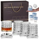 Diamond & Snowflake Whiskey Glass Set (2-Pack/4-Pack) - 9.57oz (280ml) Diamond Cut Rotating Tumblers, Rotating Base, 4 Ice Ball Molds, Gift Box, 360° Spin for Cold Drinks, Unique Cool Birthday Gifts for Him Adults, Stress Relief Home Bar Drinkware,familyf