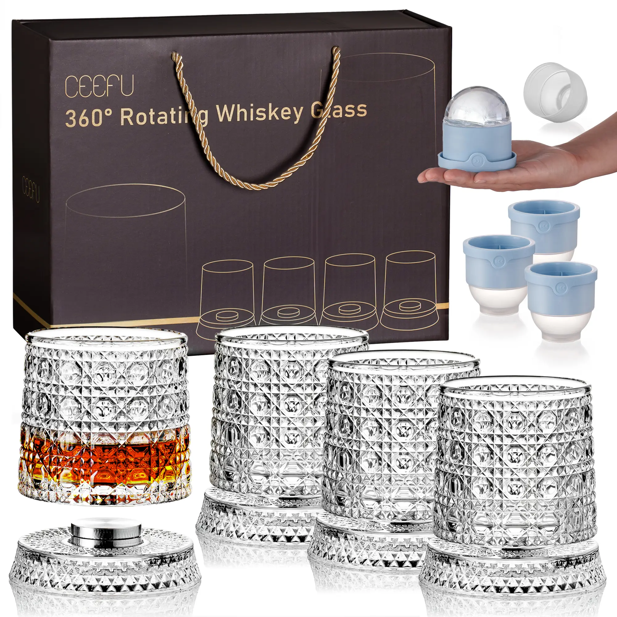 4-Pack Rotating Crystal Whiskey Glasses with 4 Ice Ball Molds & Gift Box, Stress Relief, Spinning Drinking Glass Tumbler Set for Cold Beverages, Whiskey lovers, Parties and Home Bar, Perfect for Halloween, Thanksgiving, Christmas, Birthdays Occasion