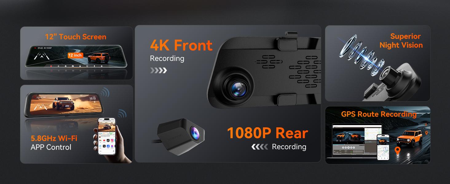 WOLFBOX G840S 12" 4K Mirror Dash Cam with GPS & 32GB Card 3840P Full HD Night Vision Parking Assistance Dual Cameras for Cars Trucks TikTokShopHolidayHaul