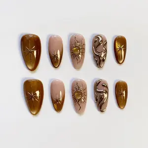 Gold Fall Cat Eye Amber Press on nails short almond nails/Swirl nails