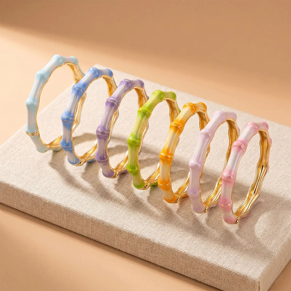 Bamboo-joint enamel bracelet, spring-hinge bangle, women’s layered jewelry