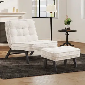 Upholstered Accent Chair with Ottoman | Armless Padded Lounge Chair for Bedroom/Living Room | White