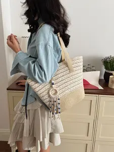 New Bohemian Lace Patchwork Straw Tote Bag for Women, Large Capacity Shoulder Bag with Devil Eye Fringe, Beach Travel Crossbody Bag