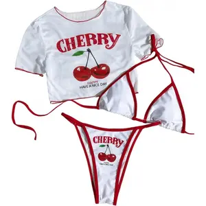 Women's 3 Piece Cherry Swimsuits Y2k Triangle Halter Thong Bikini Set with Cover Up ,Bathing suits for the summer , Comfortable swimwear