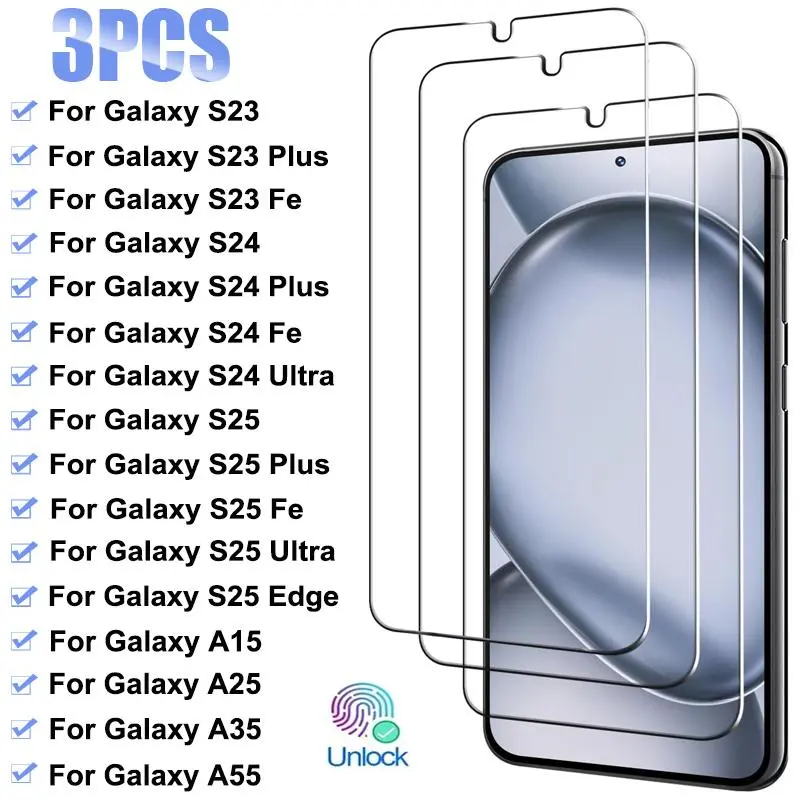 3Pcs Tempered Glass For Samsung Galaxy S23 S24 S25 Plus Fe A05S A15 A25 A35 A55 Screen Protector For Samsung S25 Edge S24 Ultra