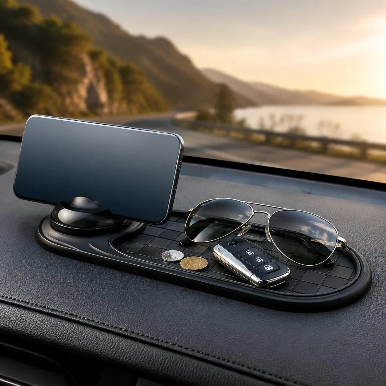 Multifunctional Anti-Slip Car Dashboard Mat with 360° Rotating Mount, Built-In Storage Tray, Antislip Base & Easy Set-Up – Holds Keys, Sunglasses, Coins, Small Daily Necessities, Universal Organizer Pad for All Cars