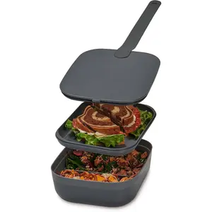 Porter Bento Lunch Box, 3 Compartment Bento Box Portable Adult Lunch Box with Snap Strap- Food Container, BPA Free, Dishwasher and Microwave Safe, Charcoal, Medium
