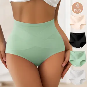 QUASTI Plus Size Women's 4-Pack High Waist Cross Layer Light Tummy Control Cotton Briefs |  Soft Breathable Fabric, Wide Anti-Chafe Legs, No-Roll Waistband, Daily Gentle Shaping Panties
