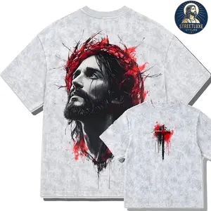 Vintage Mineral Wash Graphic Tee Oversized Streetwear T-Shirt Heavyweight Boxy Top Retro Gothic Jesus Christ Red Crown Print Religious Crucifix Cross Luxury Washed Apparel