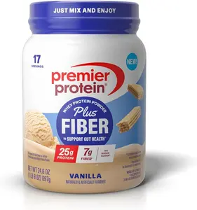 Premier Protein Powder Plus Fiber, 25g Protein, 7g Fiber, Vanilla, No Added Sugar,17 Servings