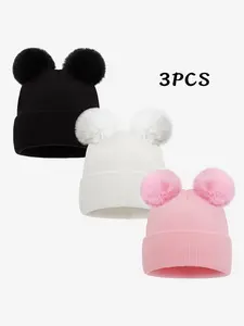 Unisex Baby Hats Set, Soft Knit Beanie Caps, Bonnet with Bunny Ears for Boys & Girls, Fitted Winter Accessories, Fashionable Outdoor Wear 0-3 Years