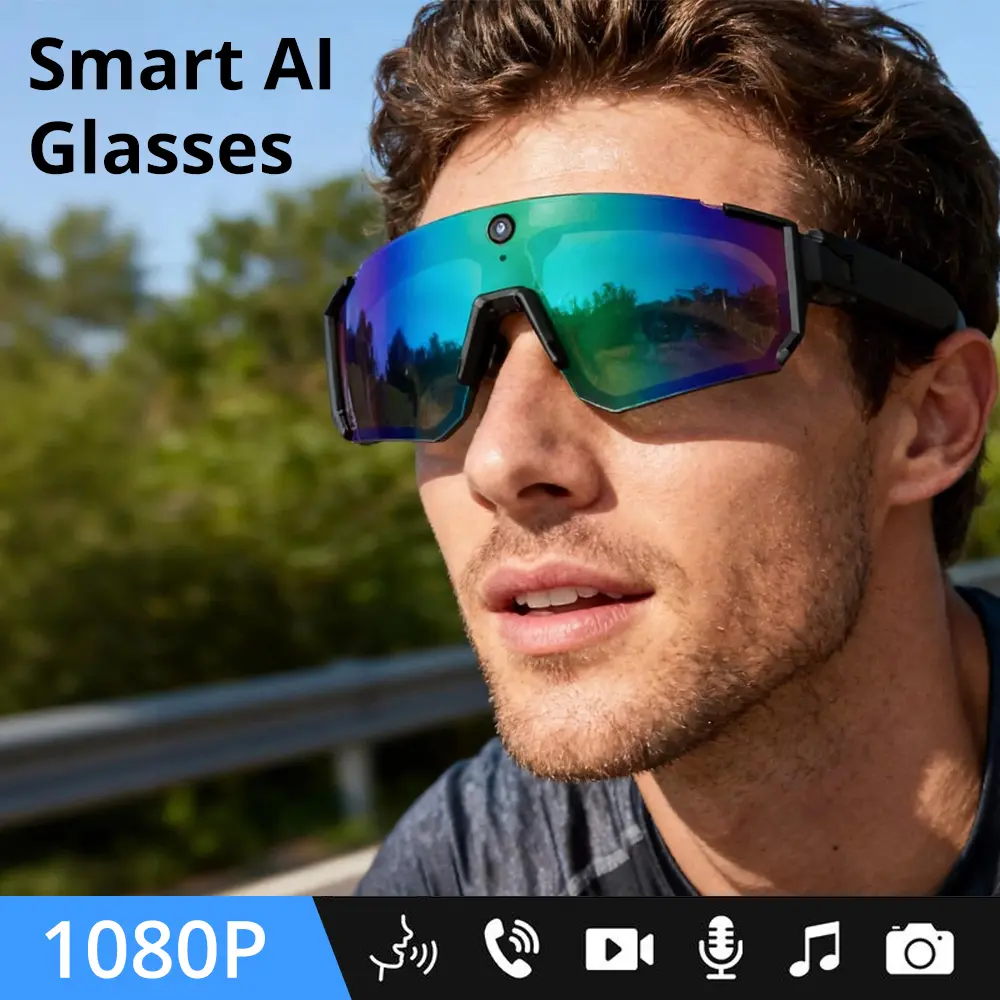 Turbosun V06 Smart Camera Glasses - Sports Cycling Sunglasses, Windproof Outdoor Eyewear, 1080P Ultra HD POV Camera, IP65 Waterproof, Wind Noise Reduction, Magnetic Fast Charging, Bluetooth Connected, Behind Ears Wearable for Extreme Outdoor Activities, D