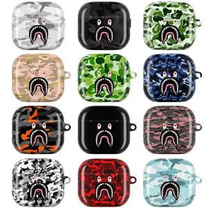 Shark Camo Streetwear AirPods Case Collection Bold Shark Mouth Icon with Military Camouflage for AirPods 1 2 3 4, AirPods Pro 1 2 3, Trendy Aesthetic Earbuds Cover, Cute Protective Case