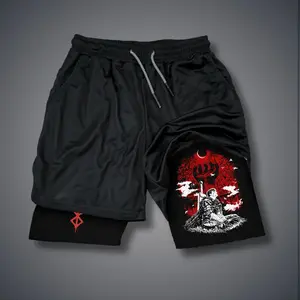 Berserk 80s 90s Double-Layer Sports Shorts Graphic Shorts Black Camo Streetwear Shorts Men Outfits Men Vacation Outfits Shorts