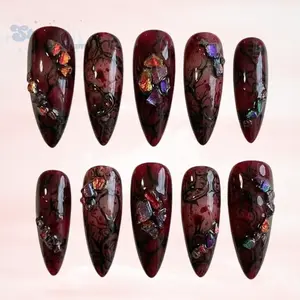 Handmade Gothic Marble Press On Nails | 3D Crystal Cluster & Blood Vein Effect | Luxury Deep Red Grunge Almond Set