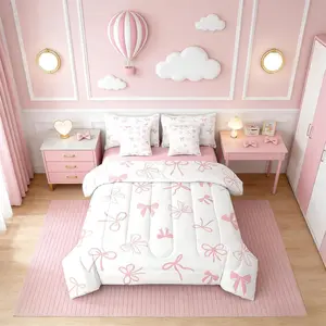 Bow 7 Piece Bedding Set,Cute Bowknot Comforter Set with Sheets Princess Bow Tie Bed in a Bag White Pink Simple for Kids Girls Women