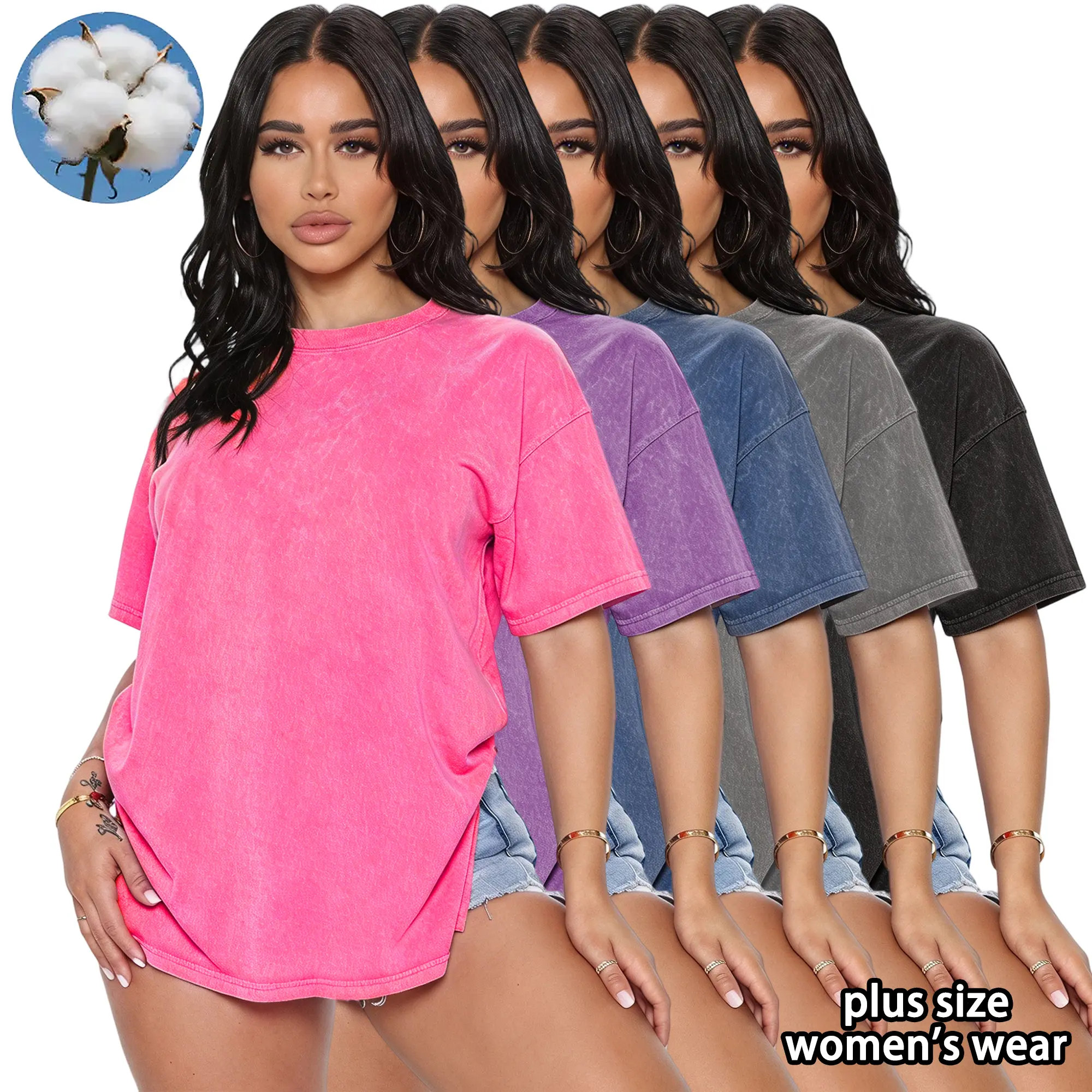 Women’s 5-pack plus-size pure cotton T-shirts, washed distressed look; loose drop-shoulder crew neck vintage short-sleeve tops; soft, breathable, available in multiple colors; comfortable everyday casual wear, versatile for street styling.
