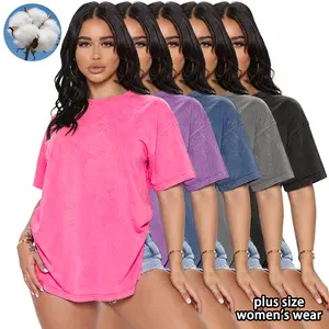 Women’s 5-pack plus-size pure cotton T-shirts, washed distressed look; loose drop-shoulder crew neck vintage short-sleeve tops; soft, breathable, available in multiple colors; comfortable everyday casual wear, versatile for street styling.