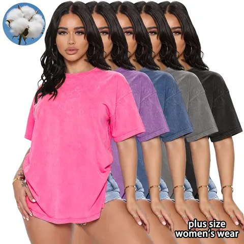 Women’s 5 pack plus size pure cotton T shirts, washed distressed look; loose drop shoulder crew neck vintage short sleeve tops; soft, breathable, available in multiple colors; comfortable everyday casual wear, versatile for street styling.