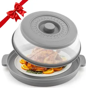 Microwave Splatter Cover for Food with Anti-scald Base Plate 10.7 Inch Large Plastic & Silicone Vented Collapsible Guard Lid BPA-free Heat-resistant 464°F Kitchen Essential Gadgets for Meal Prep