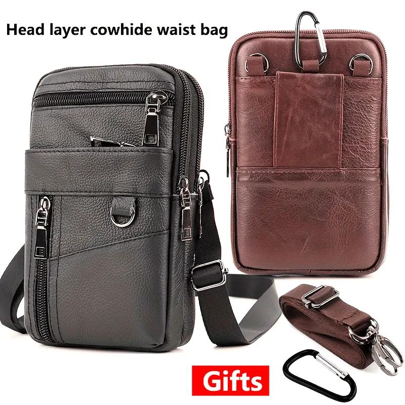 Minimalist Cowhide Leather Belt Bag for Men - Casual Multi-Function Phone Pouch with Belt Clip for Outdoor & Athletic Use