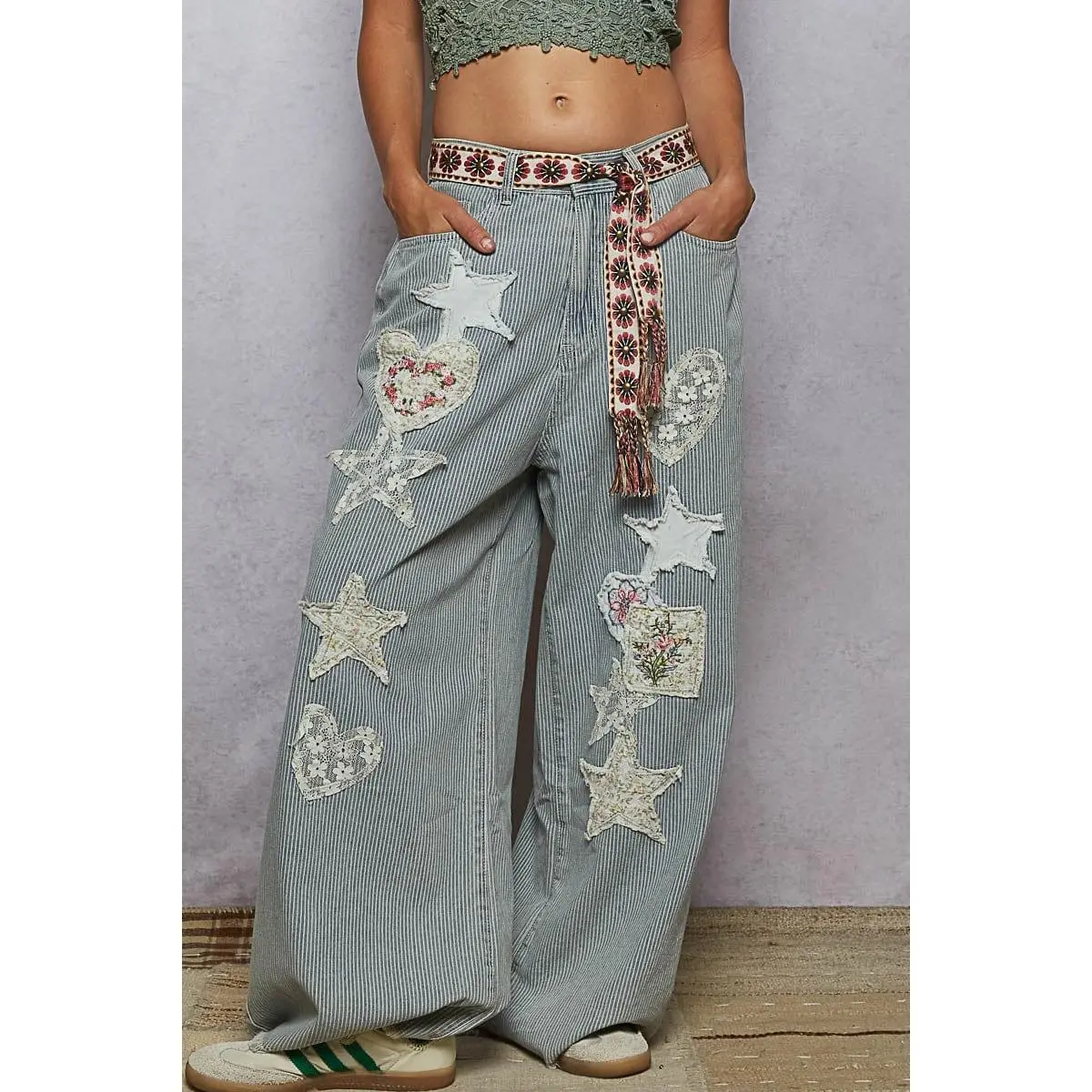 Women's Boho Tie Belt with Studded Floral Embroidery, Street Style Polyester Sash with a Scallop Edge and Braided Ends, Street Style Belt, Center Studs, Adults, 59.5" Length, Waist Belt
