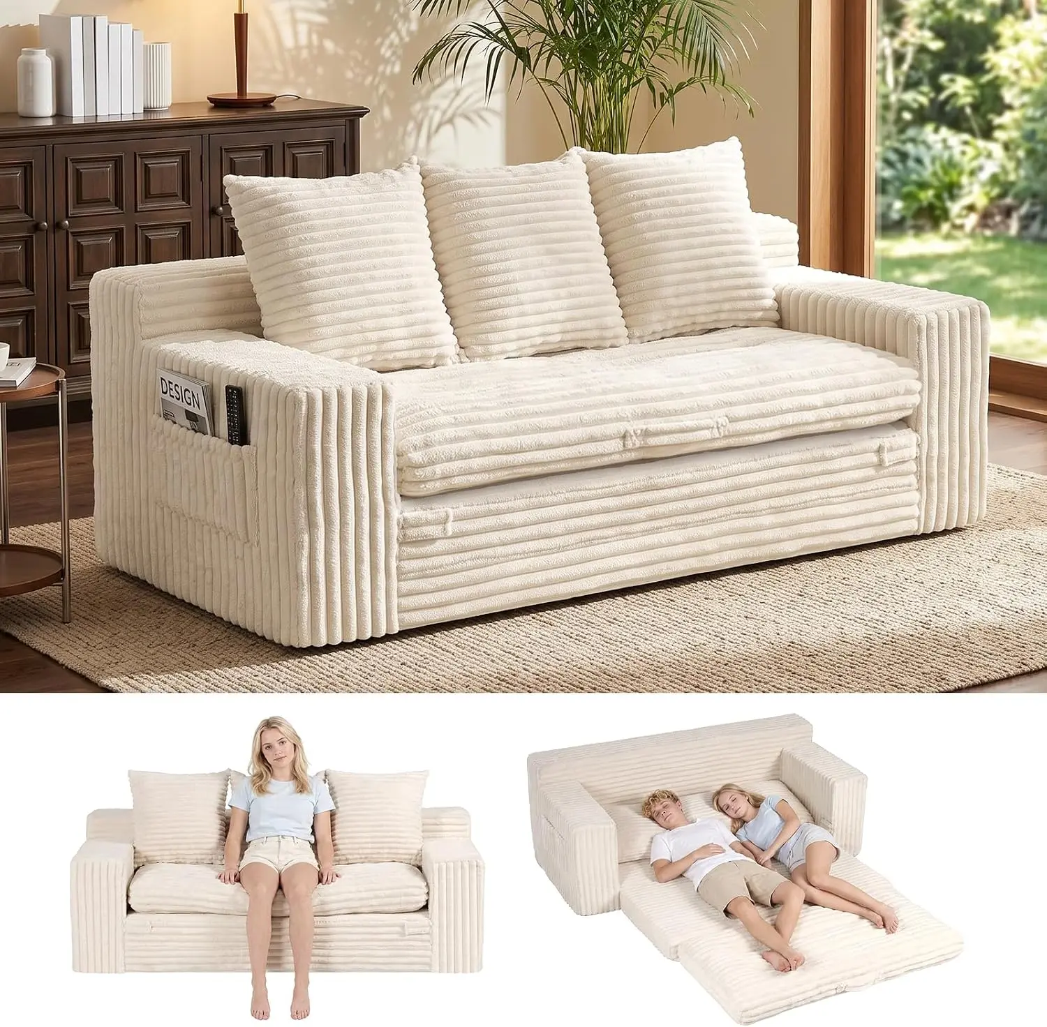 NLDD 70" Boneless Couch, 4-in-1 Convertible Sofa Bed, 3 Seater Couch, Pull Out Sofa with Removable Top Cushion, Pull Handle & Side Pocket, Corduroy Futon for Living Room, Bedroom & Small Spaces