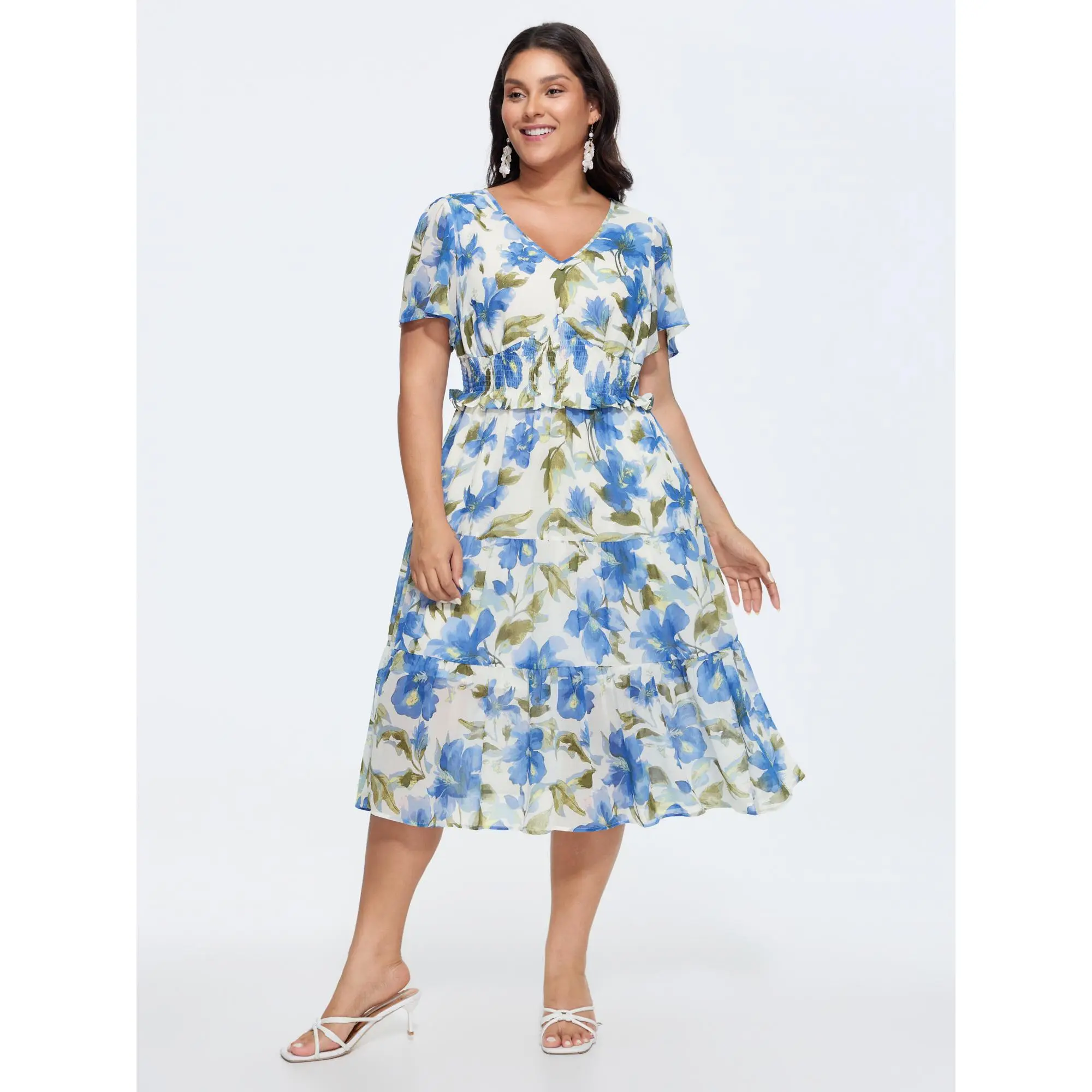 BloomChic Women's Plus Size Ditsy Floral Midi Dress, Casual Breathable Summer Style with Ruffled Bell Sleeves, a Cinched Waist and Pockets, Everyday