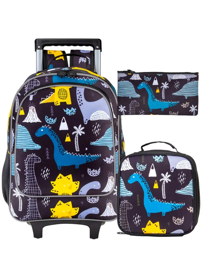 3PCS Kids Rolling Backpack, Roller Wheels Boys Bookbag - Wheeled Suitcase Elementary School Bag - Dinosaur