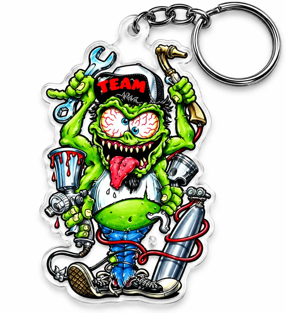 Crazy Green Mechanic Monster Acrylic Keychain, Hot Rod Garage Cartoon Key Ring, Automotive Repair Tool Accessory, Gift for Mechanics & Car Enthusiasts