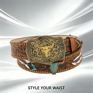 Men’s Western tooled leather belt with gold longhorn buckle, turquoise and feather embossed cowboy belt for rodeo and country style
