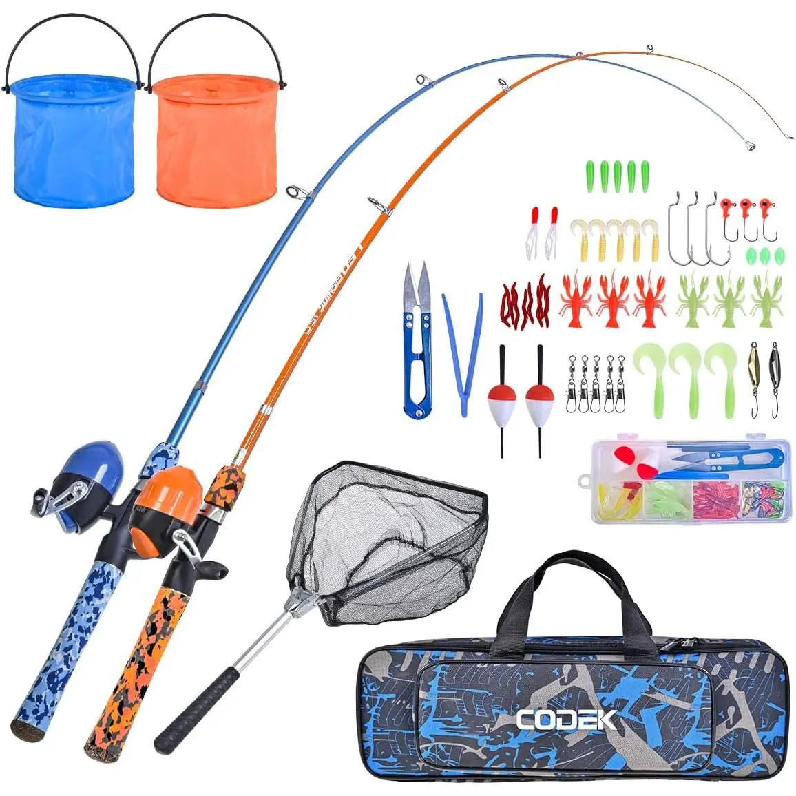 Fishing Pole Set with Full Starter Kits 2 Set Portable Telescopic Fishing Rod and Spincast Reel Cambos with a Fishing Net and 2 Buckets for Boys Girls and Youth
