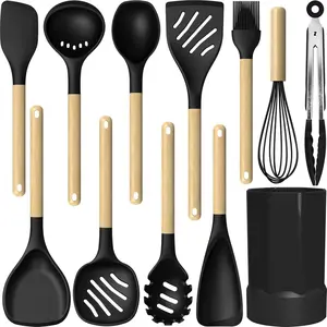 33 PCS Non-Stick Silicone Cooking Utensils Set with Wooden Handle, Heat-Resistant Kitchen Gadgets Spatula Set with Holder for Nonstick Cookware