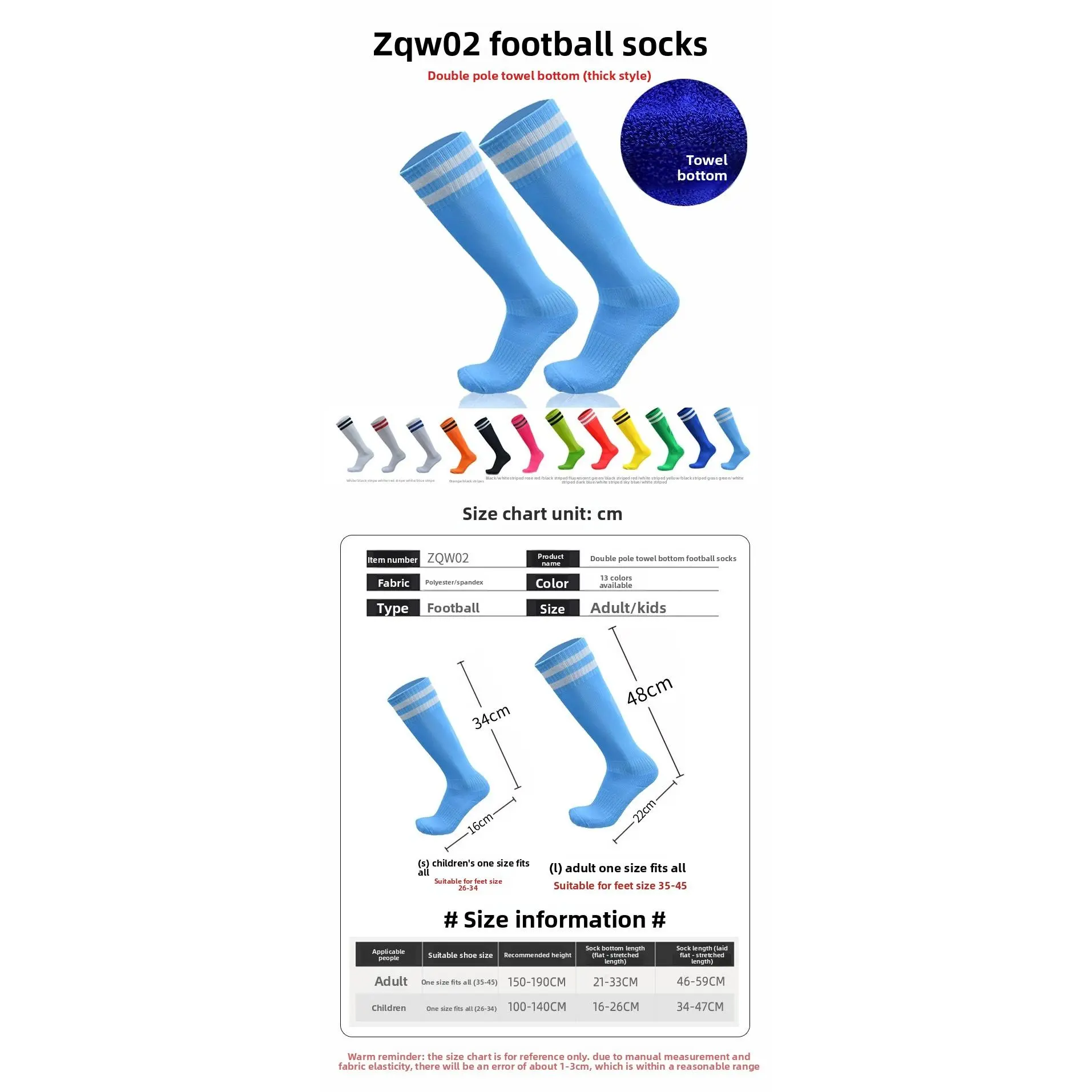Zqw02 Football Socks Double Pile Towel Bottom Knee-Length Socks for Adults & Kids One Size Fits All 35-45 Breathable Moisture-Wicking Fabric for Football & Sports