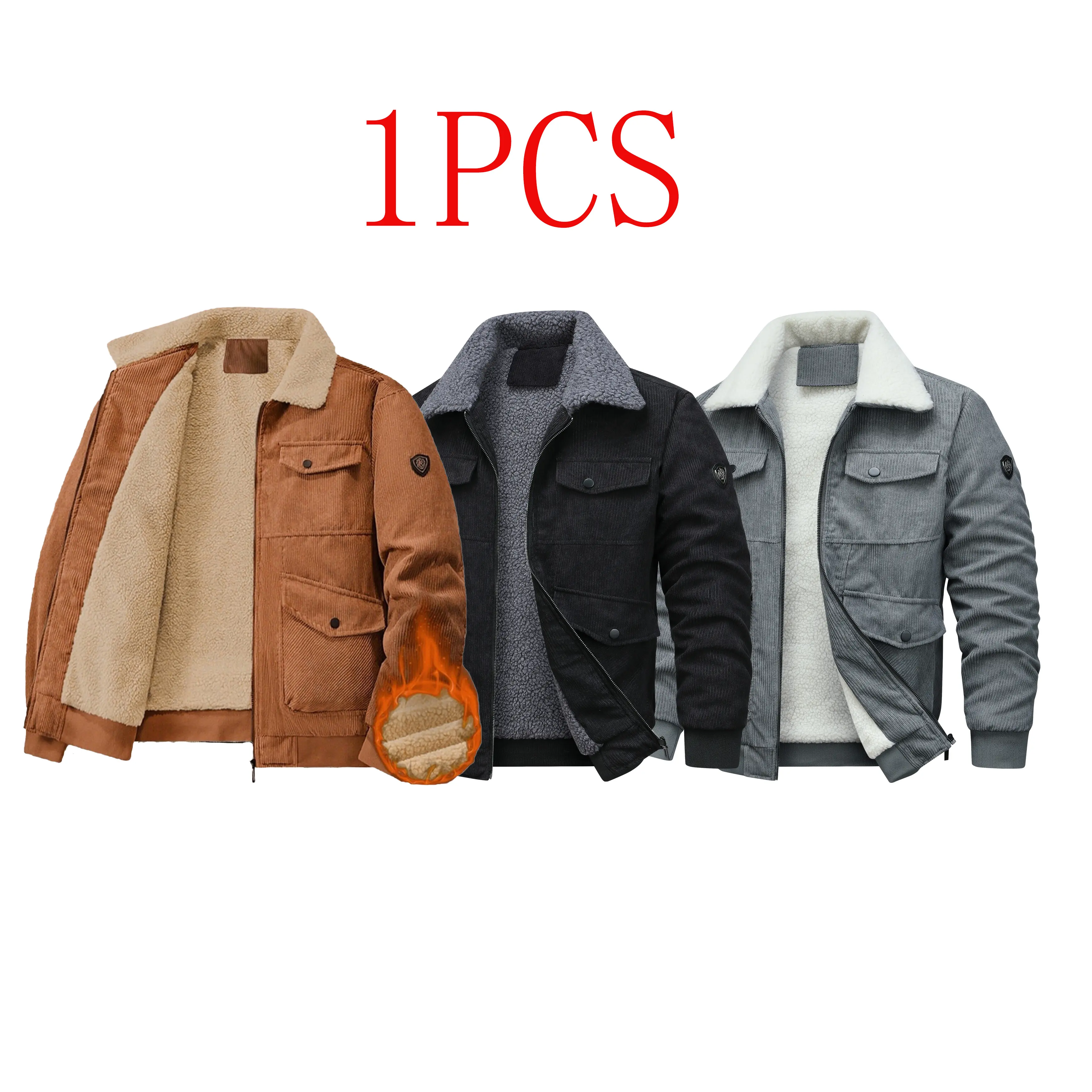 Men's Fleece-Lined Corduroy Jacket, Vintage Longsleeve Winter Workwear Coat with Lapel Collar and Pockets, Longsleeves