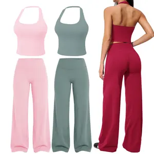 Jetjoy Halter Top+High Waist 30‘’ Inseam  Workout Leggings for Women 2 Piece Set, Loose Fit Straight Leggings & Halter Tank Top, Ideal for Gym Yoga & Casual Wear, Soft Stretch Fabric, 30" Inseam Leggings,summervibes