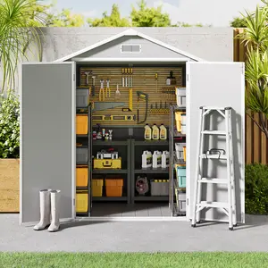 【2 Packages Shipping】Gizoon 6x4.4 FT Outdoor Storage Shed with Floor All-Weather Resin Garden Shed with Lockable Doors & Windows Plastic Tool Sheds for Patio Lawn & Garden Grey